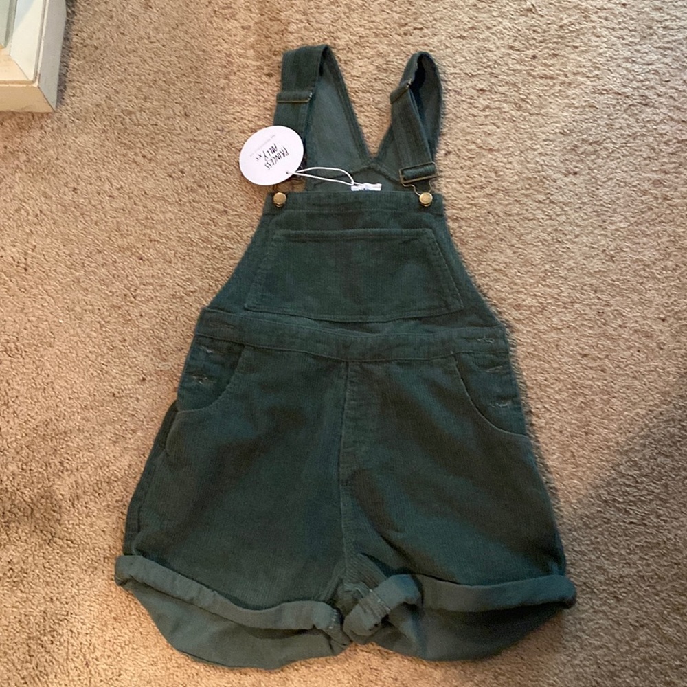 Khaki green, corduroy overall shorts